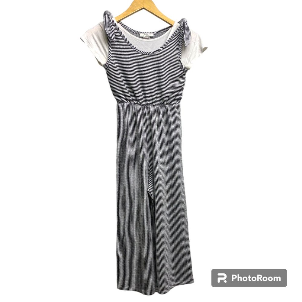 Pinc Premium Girl's Black‎ White Striped Cropped Pants Romper Attached shirt 10